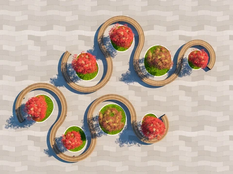 Curved Modular Landscape Seating Set with Autumn Trees and Paving 3D Model