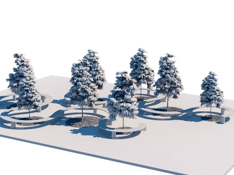 Curved Modular Landscape Seating Set with Autumn Trees and Paving 3D Model