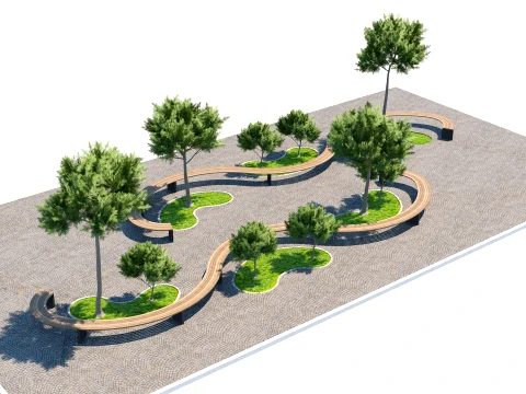 Modern Organic Curved Bench Landscape Plaza 3D Model