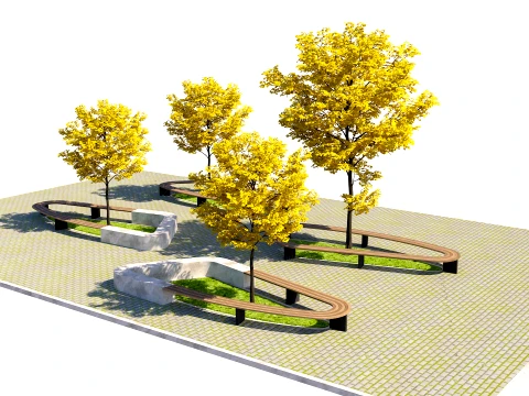Urban Plaza Seating with Trees Oval Benches 3D Model