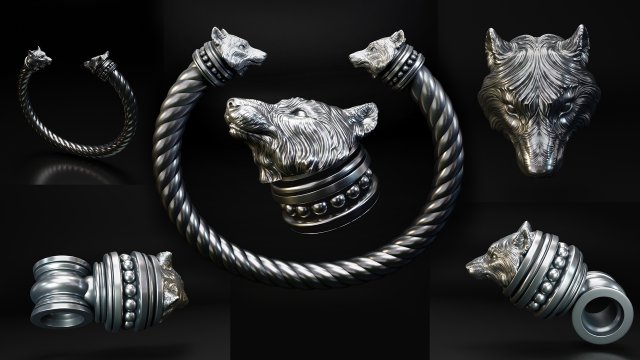Bracelet Wolf Head and Pendant - Vikings 3D Print Model .c4d .max .obj .3ds .fbx .stl .blend 