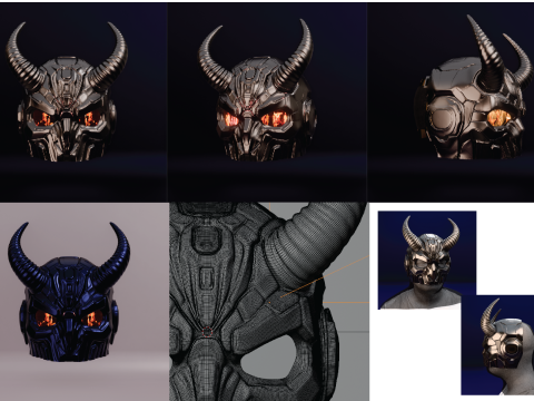 पुरुष सींग वाले आधे चेहरे वाले मुद्रण योग्य साइबरपंक दानव मास्क 3D प्रिंट मॉडल