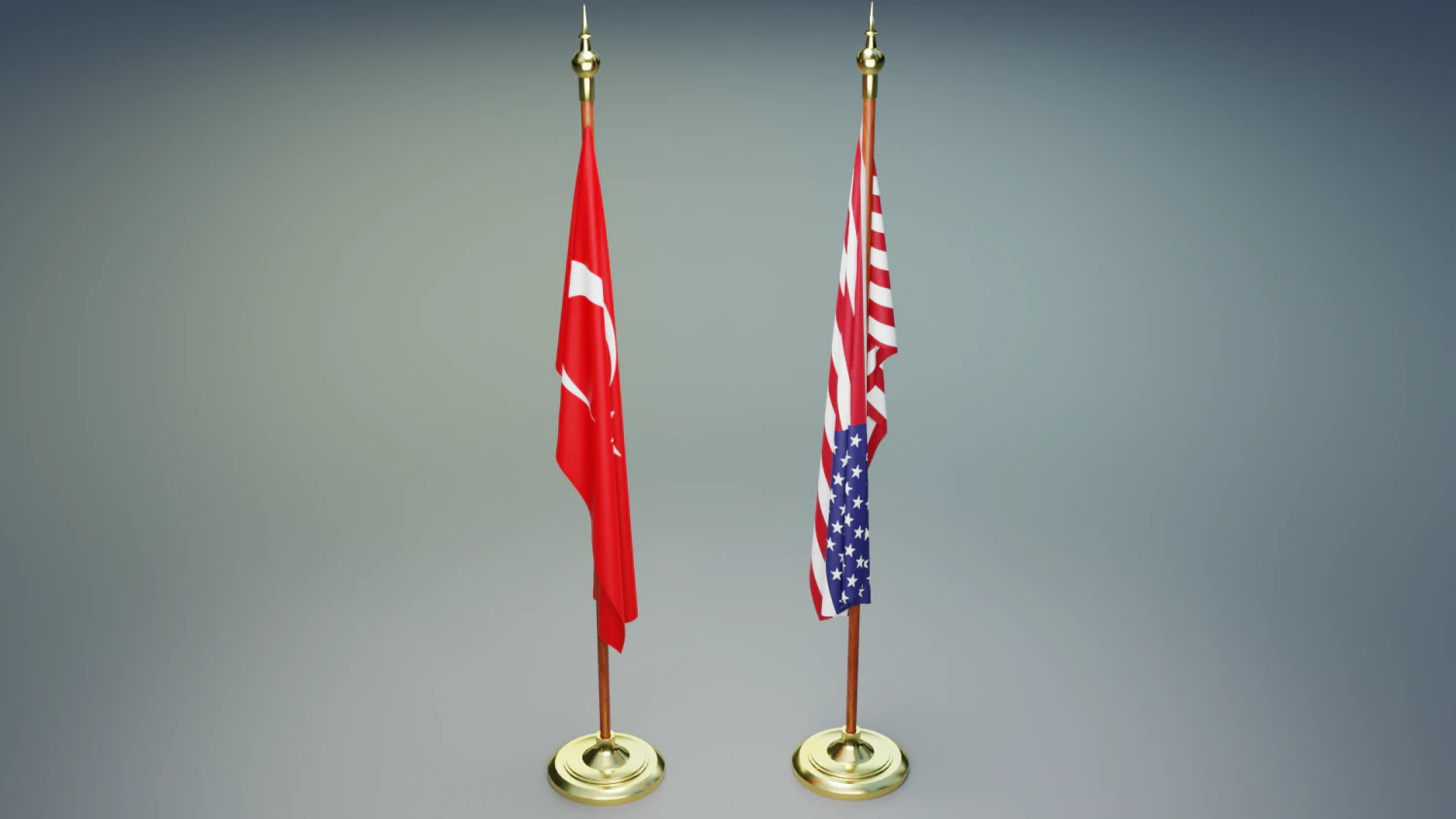Turkish and American Flagpoles 3D Model .c4d .max .obj .3ds .fbx .stl .blend 