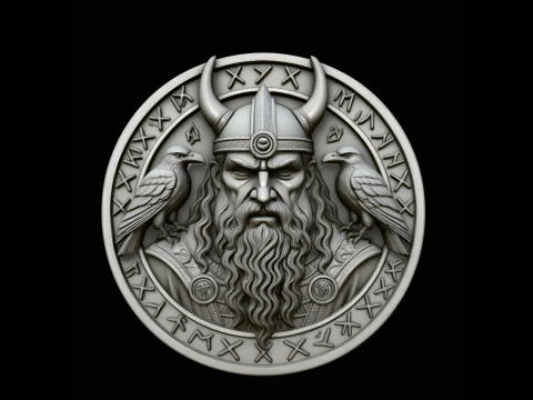 Odin and His Ravens Relief Medallion Pendant Design 1 - 3D Print Model 3D Print Model