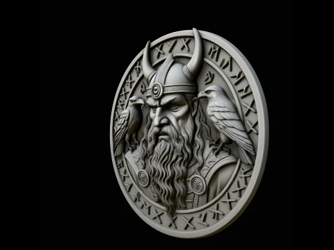 Odin and His Ravens Relief Medallion Pendant Design 1 - 3D Print Model 3D Print Model