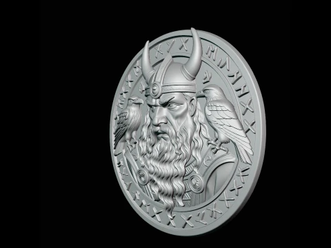 Odin and His Ravens Relief Medallion Pendant Design 1 - 3D Print Model 3D Print Model