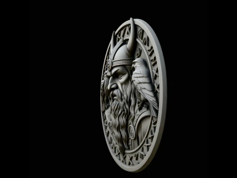 Odin and His Ravens Relief Medallion Pendant Design 1 - 3D Print Model 3D Print Model