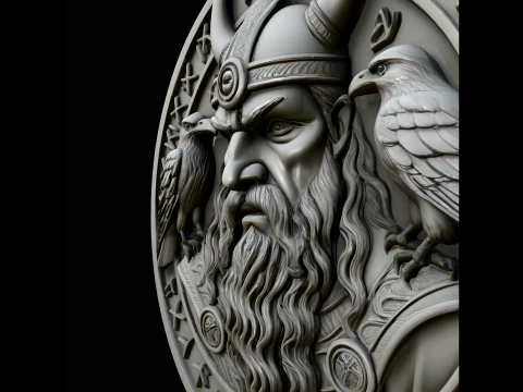 Odin and His Ravens Relief Medallion Pendant Design 1 - 3D Print Model 3D Print Model