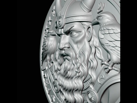 Odin and His Ravens Relief Medallion Pendant Design 1 - 3D Print Model 3D Print Model