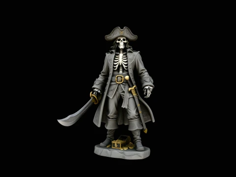 Skeleton Pirate Captain with Treasure Statue Design 1 - 3D Print Model 3D Print Model