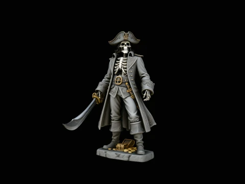 Skeleton Pirate Captain with Treasure Statue Design 2 - 3D Print Model 3D Print Model