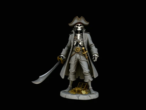 Skeleton Pirate Captain with Treasure Statue Design 3 - 3D Print Model 3Dプリントモデル