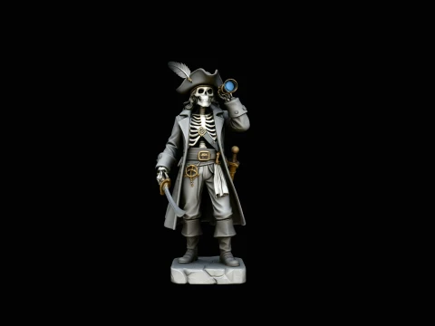 Skeleton Pirate Captain with Spyglass Statue Design 2 - 3D Print Model 3D Print Model