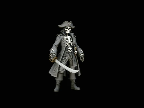 Skull-Adorned Skeleton Pirate Captain Statue Design 3 - 3D Print Model 3D Druckmodell