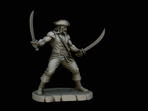 Dual-Sword Pirate Captain Statue Design 7 - 3D Print Model Modelo de impresión 3D