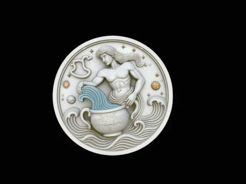 Aquarius Zodiac Relief Medallion Pendant Design 2 - 3D Print Model 3D Print Model