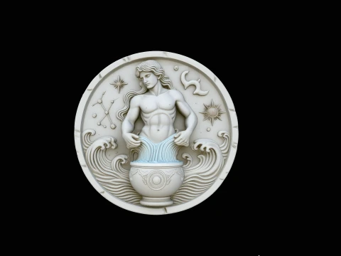 Aquarius Zodiac Relief Medallion Pendant Design 3 - 3D Print Model 3D Print Model