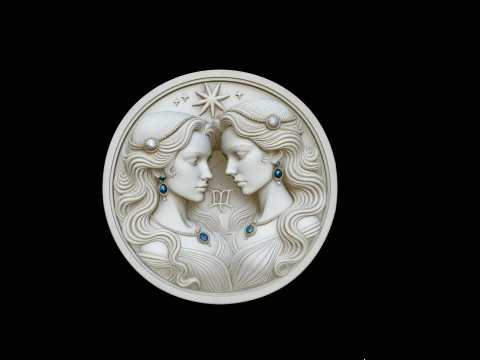 Gemini Zodiac Relief Medallion Pendant Design 3 - 3D Print Model Model do druku 3D