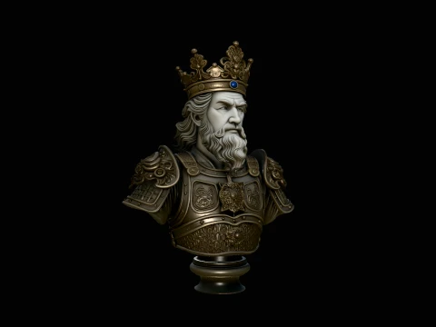 Crowned Armored King Bust Statue Design 4 - 3D Print Model 3D Print Model