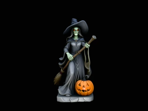 Halloween Witch with Broom Statue Design 1 - 3D Print Model 3D Baskı Modeli