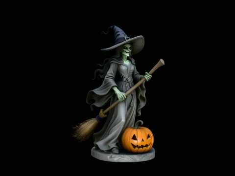 Halloween Witch with Broom Statue Design 2 - 3D Print Model 3D Print Model