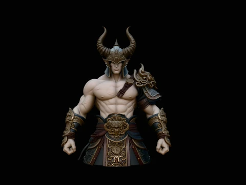 Bare-Chested Horned Warrior Statue Design 4 - 3D Print Model 3D Druckmodell
