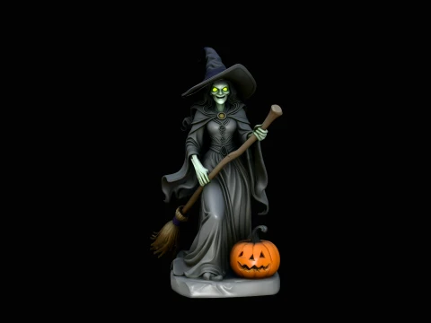 Halloween Witch with Broom Statue Design 3 - 3D Print Model Modello di stampa 3D