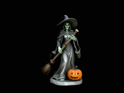 Halloween Witch with Broom Statue Design 4 - 3D Print Model 3D Druckmodell