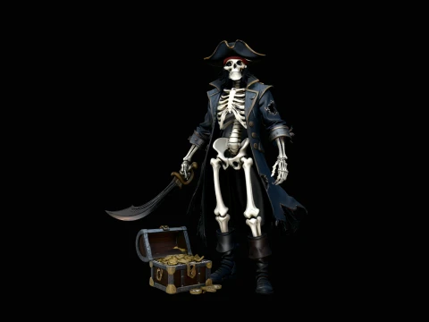 Skeleton Pirate Captain with Treasure Statue Design 4 - 3D Print Model 3D Print Model