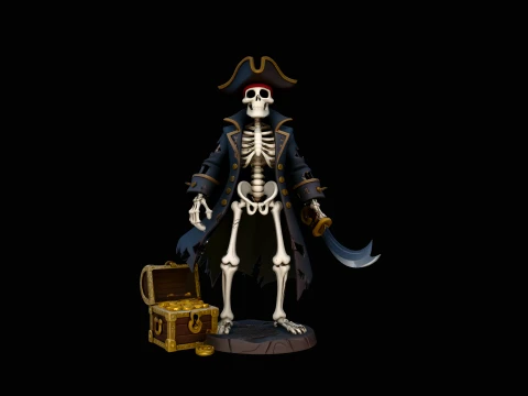 Skeleton Pirate Captain with Treasure Statue Design 5 - 3D Print Model Modelo de Impressão 3D