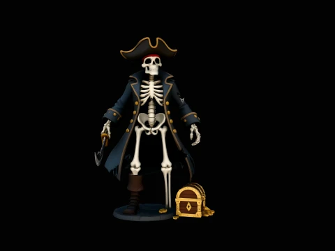Skeleton Pirate Captain with Treasure Statue Design 6 - 3D Print Model Modelo de impresión 3D