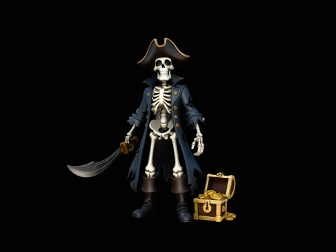 Skeleton Pirate Captain with Treasure Statue Design 7 - 3D Print Model 3D Print Model