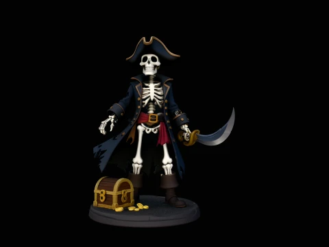 Skeleton Pirate Captain with Treasure Statue Design 8 - 3D Print Model 3D Print Model