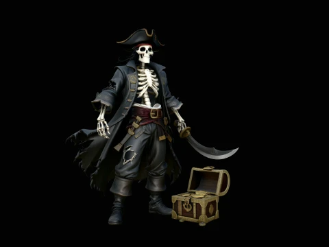 Skeleton Pirate Captain with Treasure Statue Design 9 - 3D Print Model Model Cetak 3D