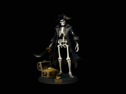 Skeleton Pirate Captain with Treasure Statue Design 10 - 3D Print Model Model Cetak 3D