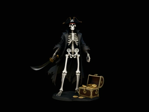 Skeleton Pirate Captain with Treasure Statue Design 11 - 3D Print Model Model Cetak 3D