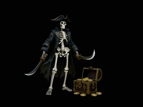 Skeleton Pirate Captain with Treasure Statue Design 12 - 3D Print Model Model Cetak 3D