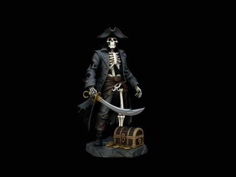 Skeleton Pirate Captain with Treasure Statue Design 13 - 3D Print Model Model Cetak 3D