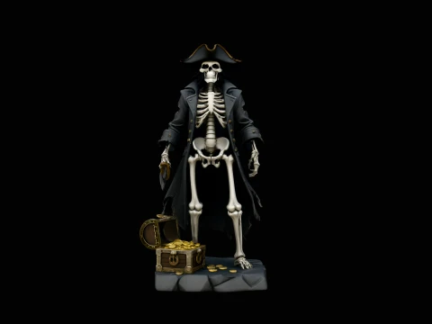 Skeleton Pirate Captain with Treasure Statue Design 14 - 3D Print Model Model Cetak 3D
