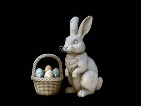 Easter Bunny with Basket Statue Design 1 - 3D Print Model 3D Print Model