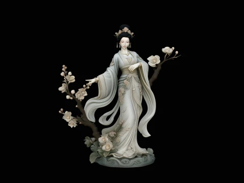 Lady with Blossom Branch Statue Design 1 - 3D Print Model 3D Принт Модель