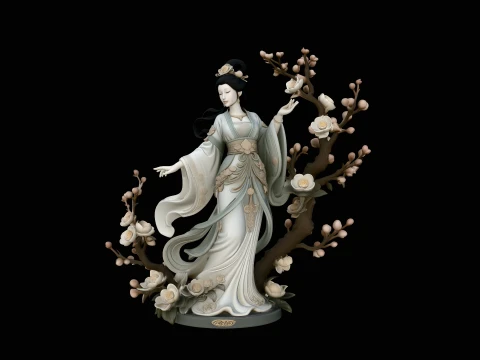 Lady with Blossom Branch Statue Design 2 - 3D Print Model 3D Принт Модель