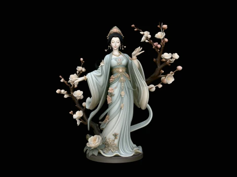 Lady with Blossom Branch Statue Design 3 - 3D Print Model 3D Принт Модель