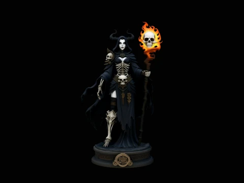 Flaming Skull Sorceress Statue Design 1 - 3D Print Model 3D Принт Модель