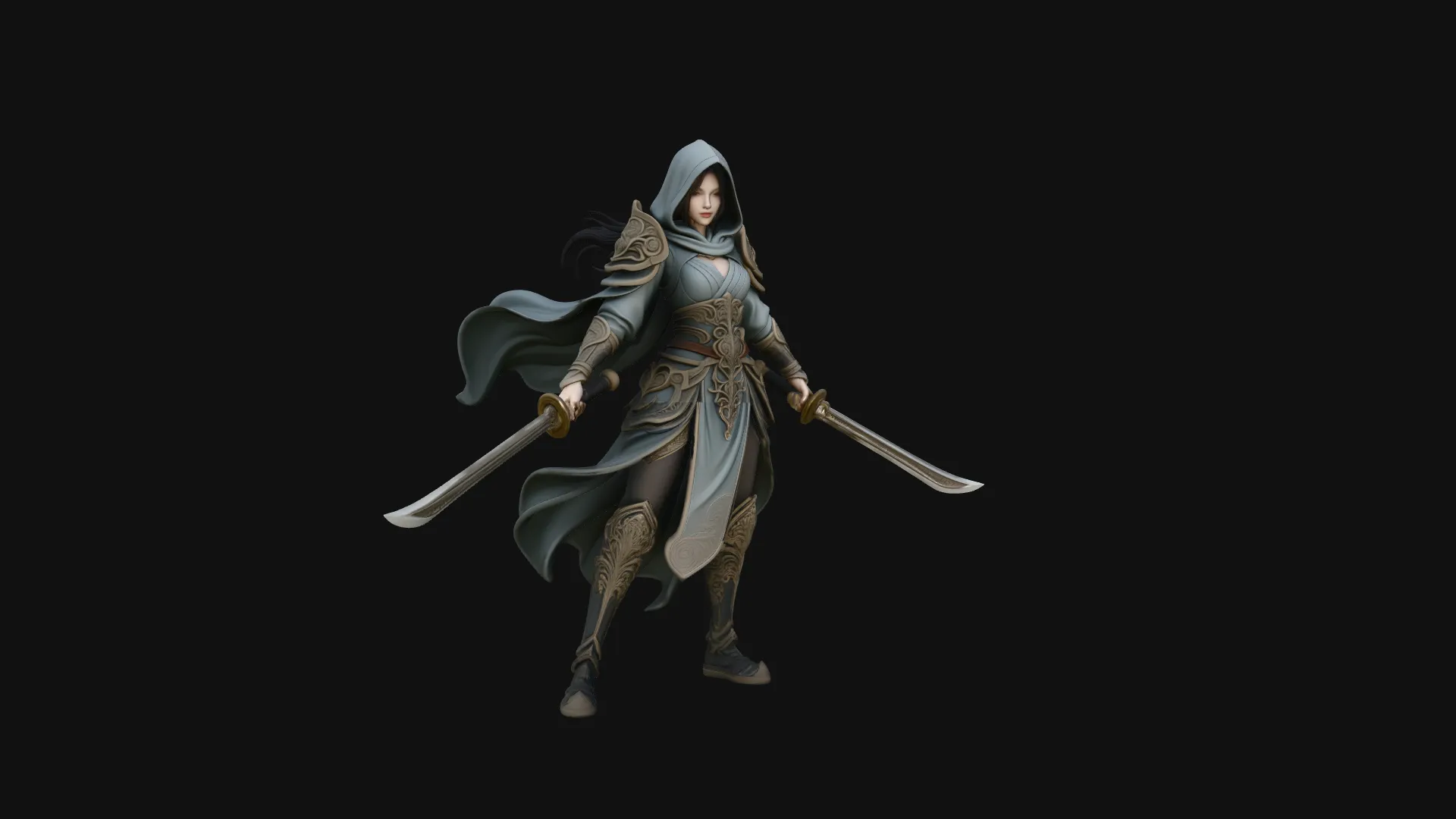 Hooded Dual Sword Assassin Statue Design 1 - 3D Print Model 3D Print Model .c4d .max .obj .3ds .fbx .stl .blend 