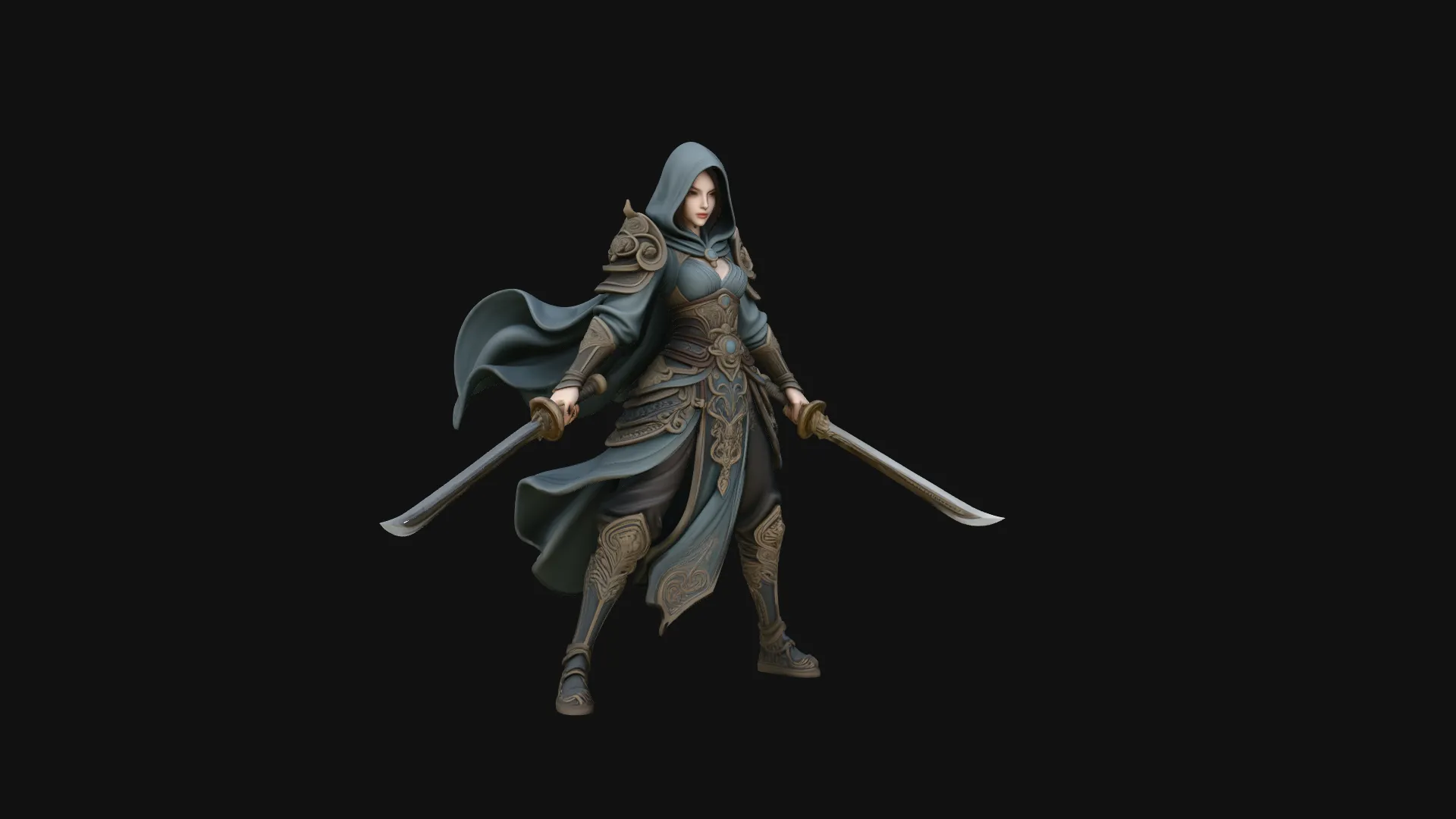 Hooded Dual Sword Assassin Statue Design 3 - 3D Print Model 3D Print Model .c4d .max .obj .3ds .fbx .stl .blend 