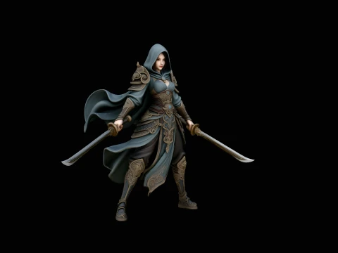 Hooded Dual Sword Assassin Statue Design 3 - 3D Print Model 3D Print Model