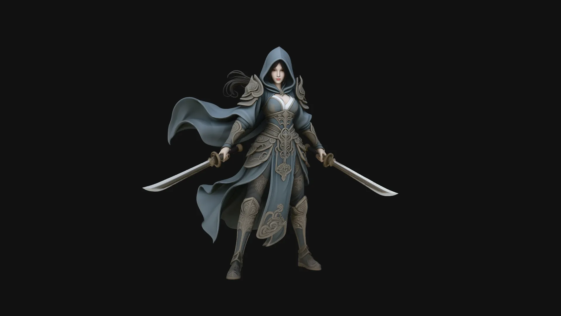 Hooded Dual Sword Assassin Statue Design 4 - 3D Print Model 3D Print Model .c4d .max .obj .3ds .fbx .stl .blend