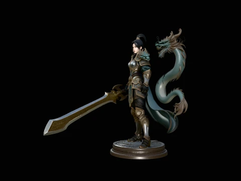 Dragon Armor Swordswoman Statue Design 2 - 3D Print Model 3D Print Model