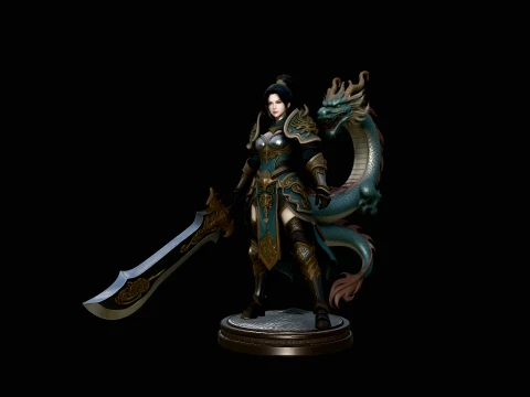 Dragon Armor Swordswoman Statue Design 3 - 3D Print Model Model do druku 3D
